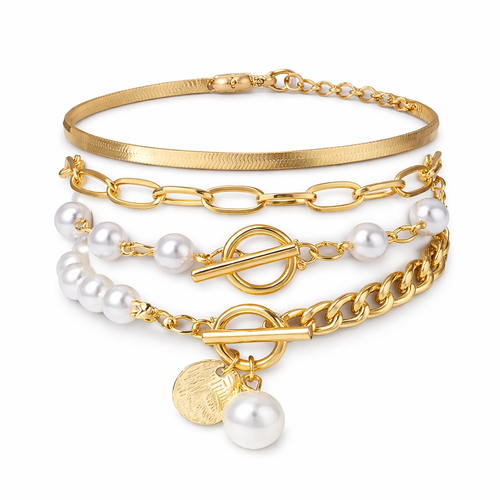 Set de pulseras elegantes de oro (4 piezas) – serpiente, perlas y eslabones.