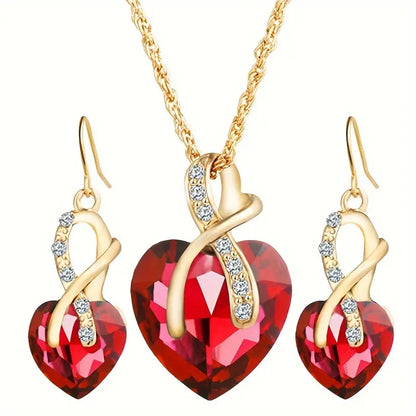 Conjunto de Joyería Dorado con Corazón Trenzado de Rubí